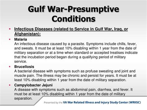 <b>Gulf</b> <b>War</b> Veterans (Undiagnosed Illnesses) Veterans diagnosed with a chronic health <b>conditions</b> within one year of separation from active duty Veterans who serve 90 days of continuous active duty service who develop amyotrophic lateral sclerosis (ALS) or Lou Gehrig’s disease Former Prisoners of <b>War</b>. . New va presumptive conditions gulf war